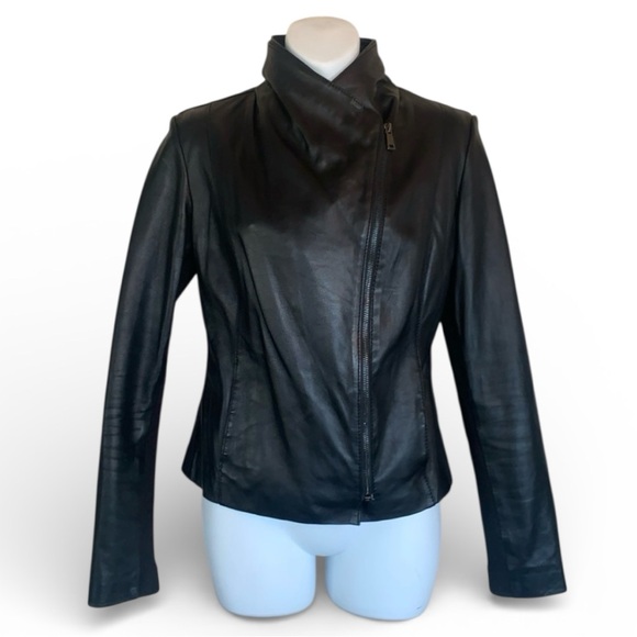AQUA leather jacket Black edgy double collar offset front zipper pockets S